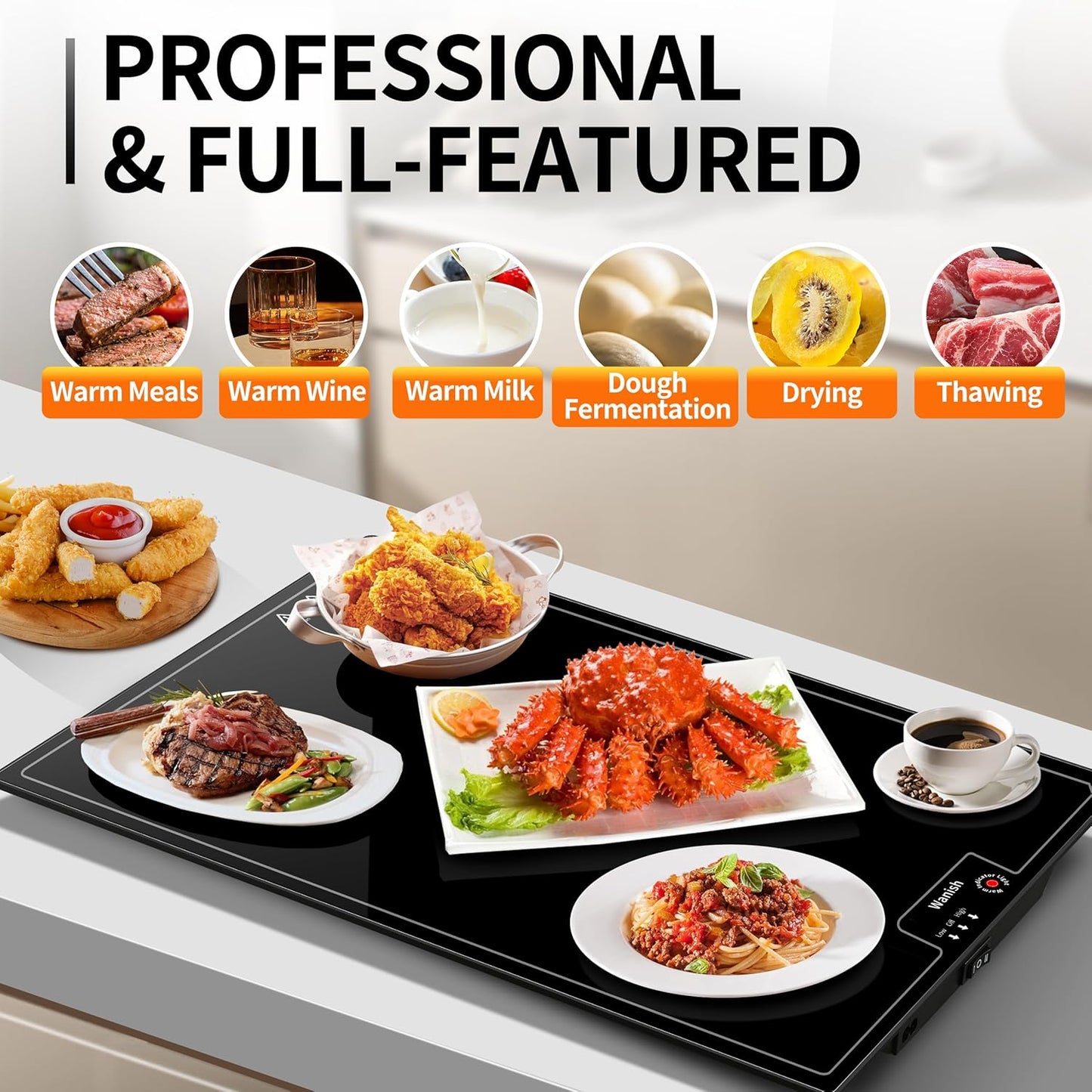 Electric Warming Tray（Large 22”x14”），Food Warmer with Thermostat and Full Surface Heating，Food Warming Mat with 2 Temperature Modes for Parties Buffet，Gatherings，Heat Resistant Glass，Black