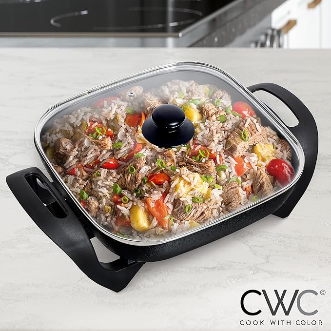 COOK WITH COLOR Electric Skillet - 12" x 12" Ceramic Nonstick Pan, PFAS-Free, 1400W, Tempered Glass Lid, Variable Temperature, Removable Heating Probe, Cool-Touch Handles, Black