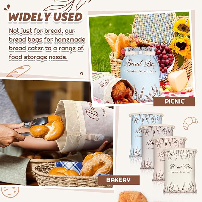 4 Pcs Beeswax Bread Bags for Sourdough Reusable Cotton Bread Storage Bags 13” x 17” Large Container Accessories for Homemade Loaf Keep Fresh Food Storage Gifts