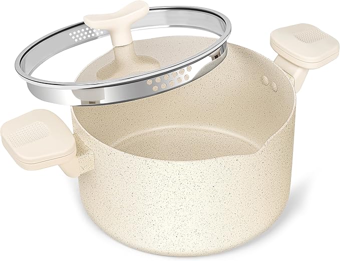 MICHELANGELO Pasta Pot with Strainer Lid - 6 Quart Multipurpose Pot with Twist and Lock Handles, Nonstick Soup Pot with Granite Coating, Induction Compatible, White