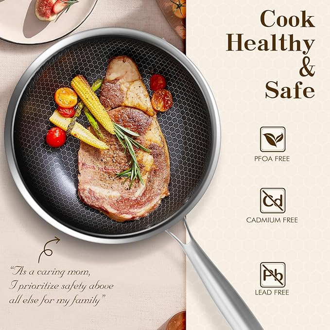 MDHAND 10 Inch Nonstick Frying Pan with Tempered Glass Lid, Premium Stainless Steel Skillet with Stay-Cool Handle, Dishwasher-Friendly, Oven-Safe, Induction Ready, Compatible with All Cooktops