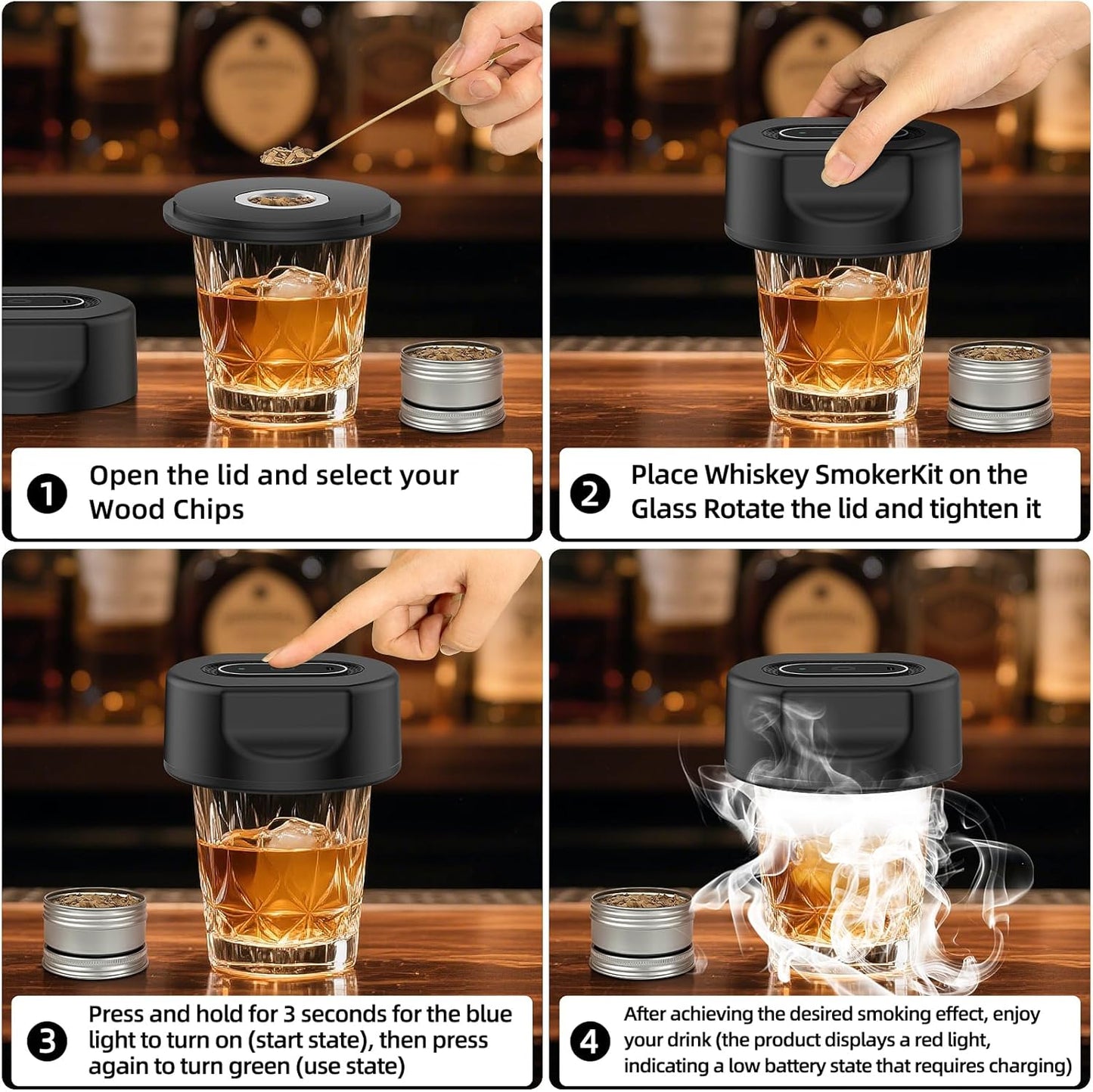 Electric Whiskey Smoker Kit,No Butane Needed,Smokepub,Electric Cocktail Smoker Kit,Drink Bourbon Smoker Kit with 6 Wood Chips,Birthday Christmas Smokpub Gifts for Men,Dad,Husband.