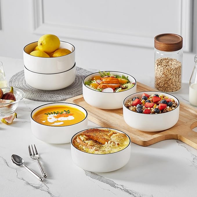 MALACASA 24 OZ Cereal Bowls, Porcelain Soup Oatmeal Bowls Set of 6, White Kitchen Ceramic Serving Bowl wtih Black Rim, Dishwasher Microwave Oven Safe, White, Series LUNA