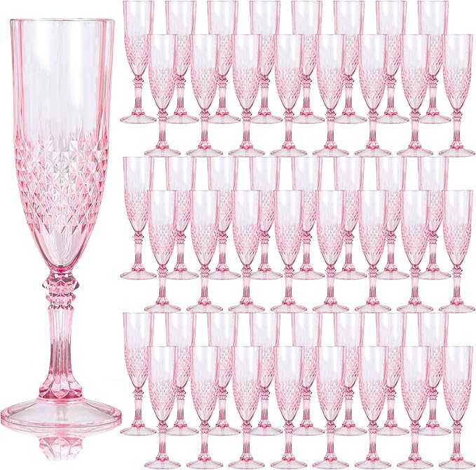 Plastic Champagne Flutes, 48PCS Pink Plastic Wine Glasses Goblets Reusable Champagne Flute for Weddings, Bachelor Parties, Toasting, and Events (48, Pink)