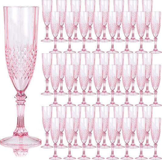 Plastic Champagne Flutes, 48PCS Pink Plastic Wine Glasses Goblets Reusable Champagne Flute for Weddings, Bachelor Parties, Toasting, and Events (48, Pink)