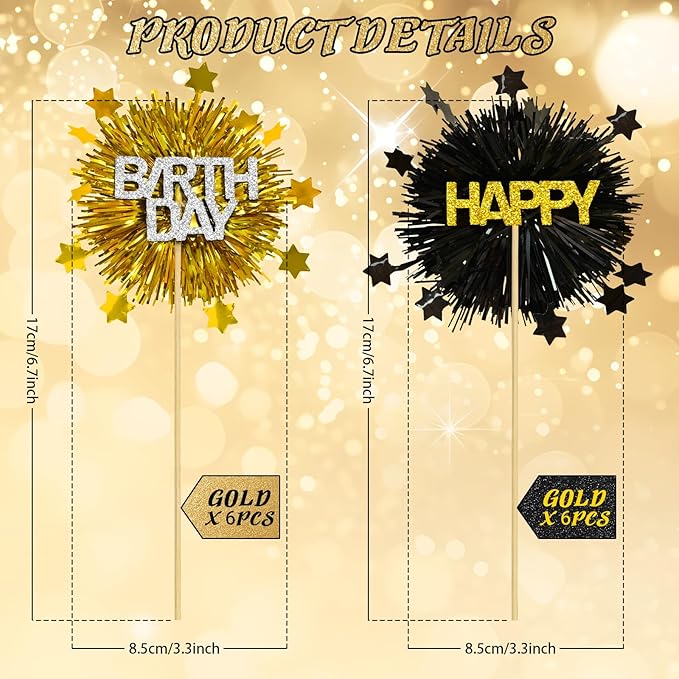 LOLStar 12 PCS Happy Birthday Cake Toppers, Black and Gold Foil Cupcake Toppers, Glitter Tinsel Cupcake Decor, Food Picks Drink Stirrers Cocktail Toothpicks for Celebrating Party Supplies