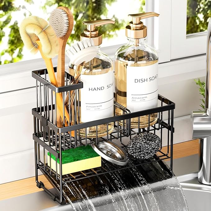 Sponge Holder for Kitchen Sink, 2 Tier Sink Caddy Organizer with High Brush Holder, Self-Draining Sponge Holder for Sinks, Soap Dispenser Organizer, Rustproof 304 Stainless Steel, Black