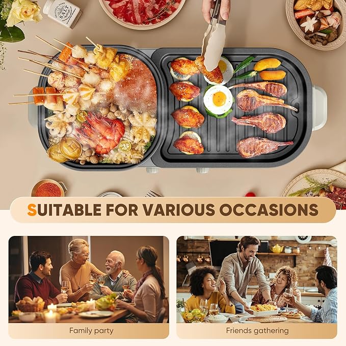 Electric Hot Pot with Grill, 2 In 1 Indoor Non-Stick Barbecue Shabu Hot Pot with Dual Temperature Control, Detachable Hotpot and Baking Tray, Smokeless Shabu Korean BBQ Grill