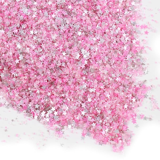 Sanding Sugar Edible Silver Glitter Stars Mix, Edible Pink Sugar Sprinkles for Cake Decorating, Sparkling Edible Pink Sanding Sugar for Cupcake Toppers Cookie Decorations For Wedding Party Celebrations 3.5oz (Pink)