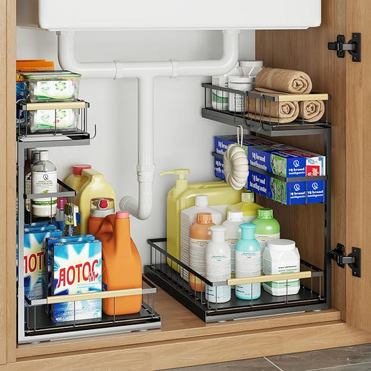 Under Sink Organizer and Storage for Bathroom and Kitchen - 1 Pack Pull Out Under Cabinet Shelf Organizers - 2 3 Tier Sliding Out Drawer Organization for Home Cabinets Shelves and Drawers
