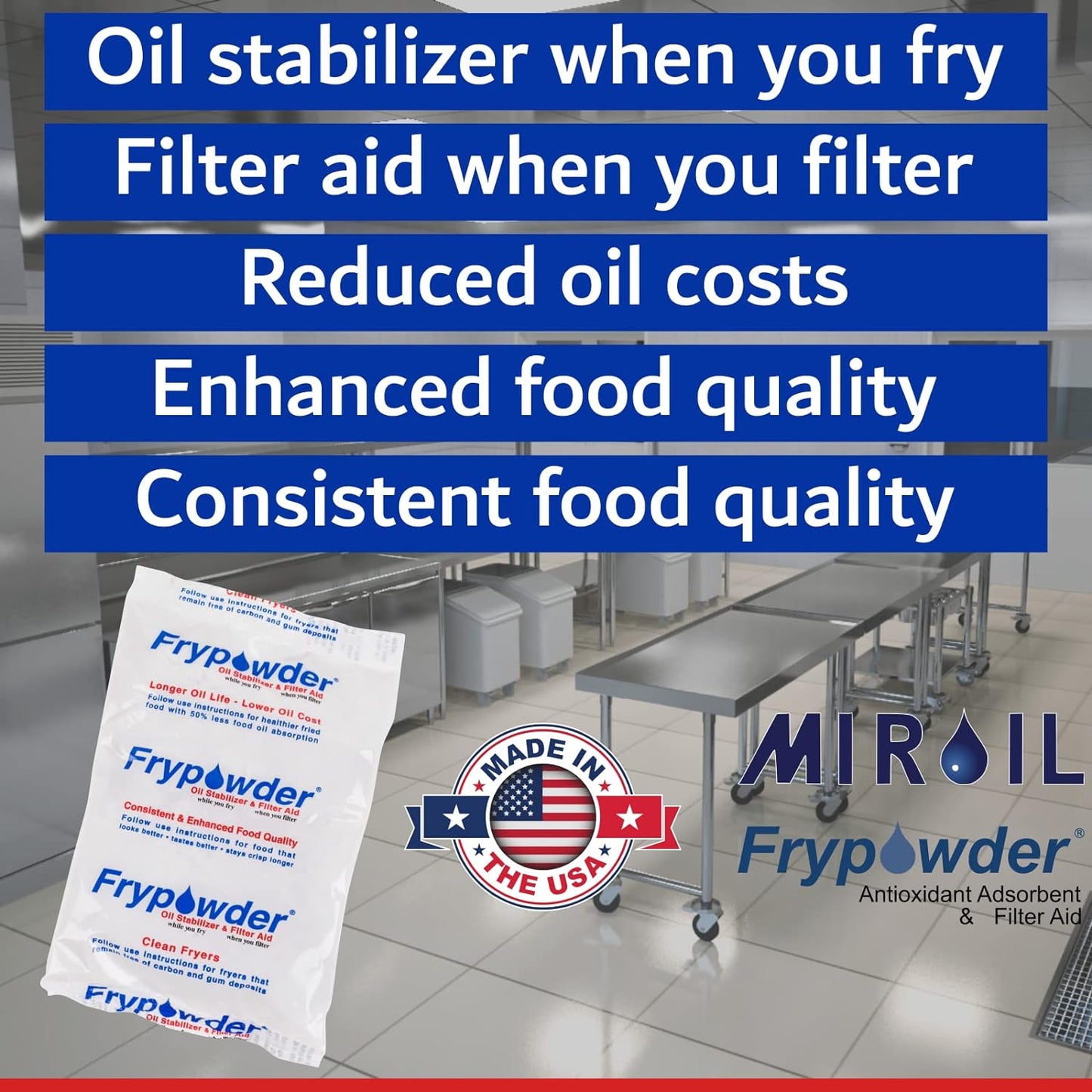 MirOil P36B Fry Powder Oil Stabilizer and Filter Aid, Deep Fryer Cooking Oil Saver Helps Save Grease & Remove Carbon Deposits, 72 x Size B Portion Pack(240ML Each) Fry Powder, Food Center Cooks Hotter