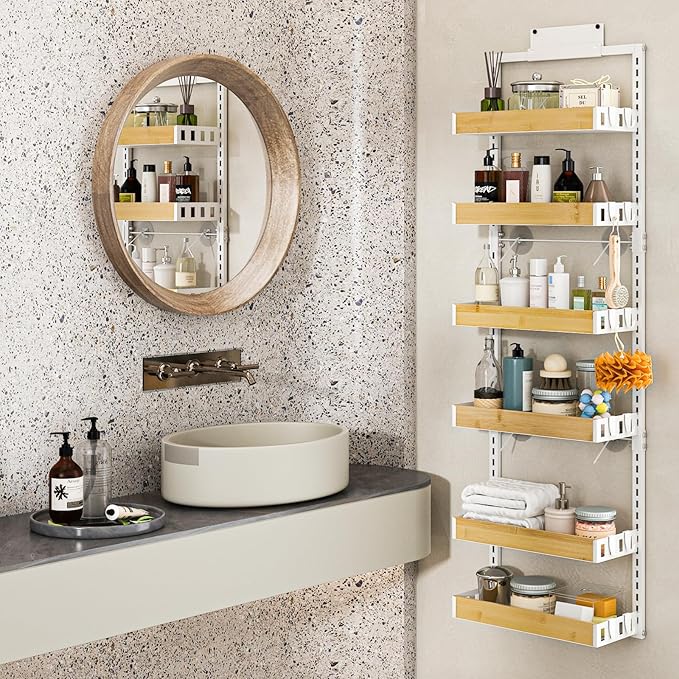 bukfen Over the Door Pantry Organizer 6-Tier Adjustable Basket Kitchen Pantry Door Organization and Storage, 2 in 1 Wall Mount or Hanging Heavy-Duty Metal Hanging Kitchen Spice Rack,White Bamboo Color