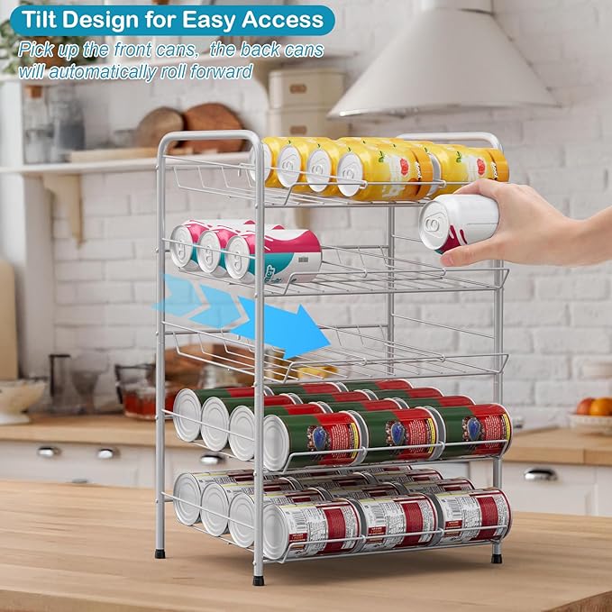 Vrisa Can Organizer for Pantry 5 Tier Canned Food Organizer Can Storage Rack Holds Up to 60 Cans Rolling Soda Soup Vegetable Can Goods Dispenser Shelf for Kitchen Pantry Cabinet, Silver