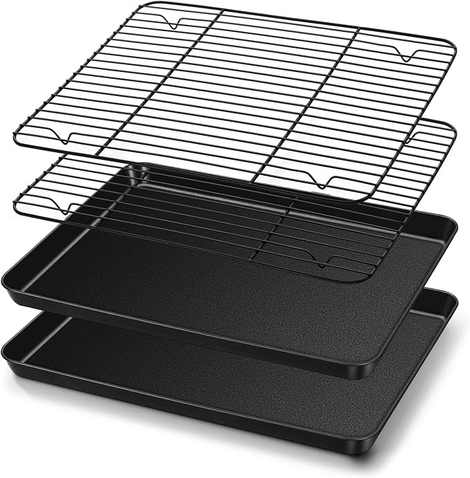 TeamFar Baking Sheet with Rack Set, 16 x 12 x 1” Nonstick Cookie Baking Pan Tray with Cooling Rack, for Baking/Roasting/Cooling, Healthy & Heavy-Duty, Easy Clean, Set of 4