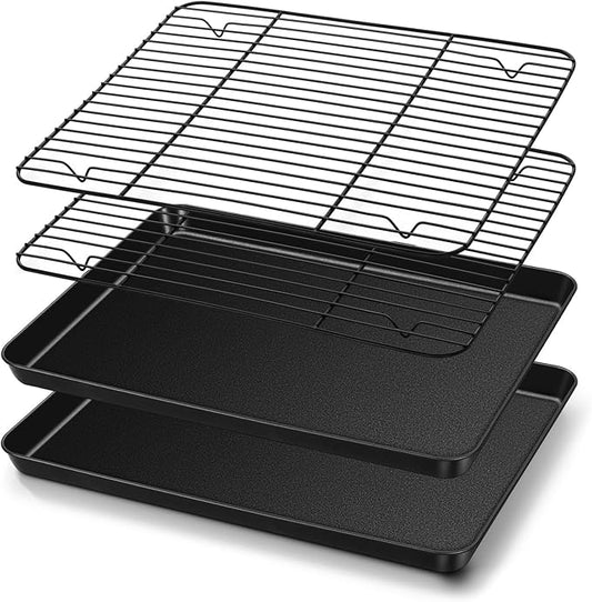 TeamFar Baking Sheet with Rack Set, 16 x 12 x 1” Nonstick Cookie Baking Pan Tray with Cooling Rack, for Baking/Roasting/Cooling, Healthy & Heavy-Duty, Easy Clean, Set of 4