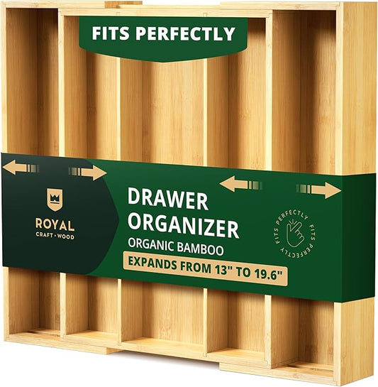 ROYAL CRAFT WOOD Luxury Bamboo Kitchen Drawer Organizer - Silverware Organizer - Utensil Holder and Cutlery Tray with Grooved Drawer Dividers for Flatware and Kitchen Utensils (5 Slot, Natural)