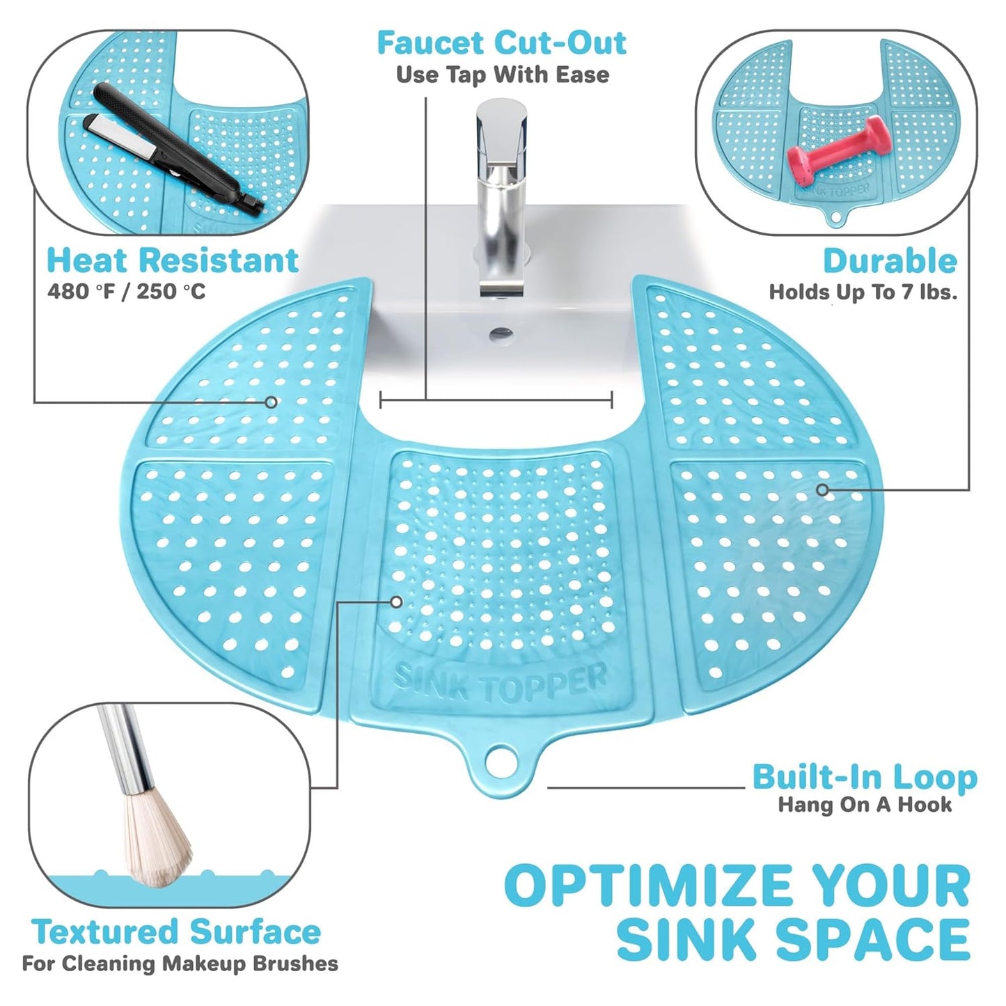 Sink Topper Bathroom Counter Cover & Storage Saver, Foldable Mat for Hot Tools, Hair Styling & Makeup, Beauty Brush Cleaning Mat, RV Camper Sink Cover & for Small Spaces (Standard Pacific Blue)