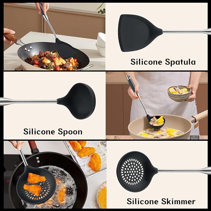 FJNATINH Silicone Wok Spatula,Ladle,Skimmer Tool Set - Stainless Steel Wok Tools, Wok Utensil,Non Stick Heat-Resistant Cooking Utensils BPA Free Kitchen Utensils Cookware (Black Stainless Steel-3PCS)