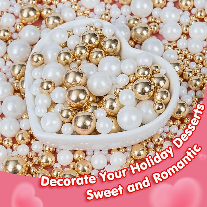 Edible Pearl Sprinkles,White Gold Candy Mixing Size,Baking Pearls Sprinkle Edible Cake Decorations Cupcake Toppers, Cookie Decorating Celebrations Wedding Valentines Easter Halloween Christmas Supplies 130g/ 4.58oz