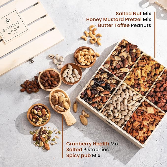 Nut Gift Basket, in Reusable Wooden Crate, Healthy Gift Option, Gourmet Snack Food Box, with Unique Flavors, Great for Feel Better, Sympathy & Birthday- Bonnie & Pop