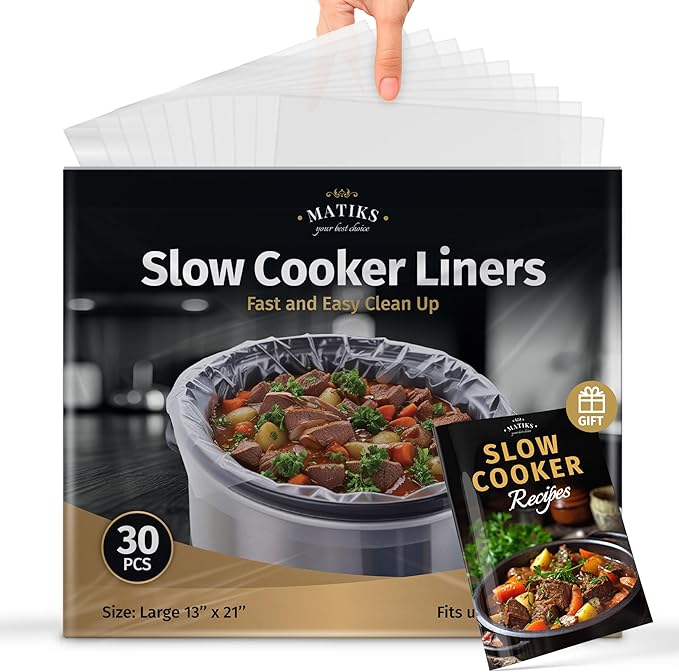 Matiks Slow Cooker Liners 3-8 Quart – Cooking Liner – Large Size 13" × 21" – Fit 3QT to 8.5QT Slow Cookers – Works for Oval & Round Pots – 30 Bags & Recipes Added – Compatible with Crock Pot