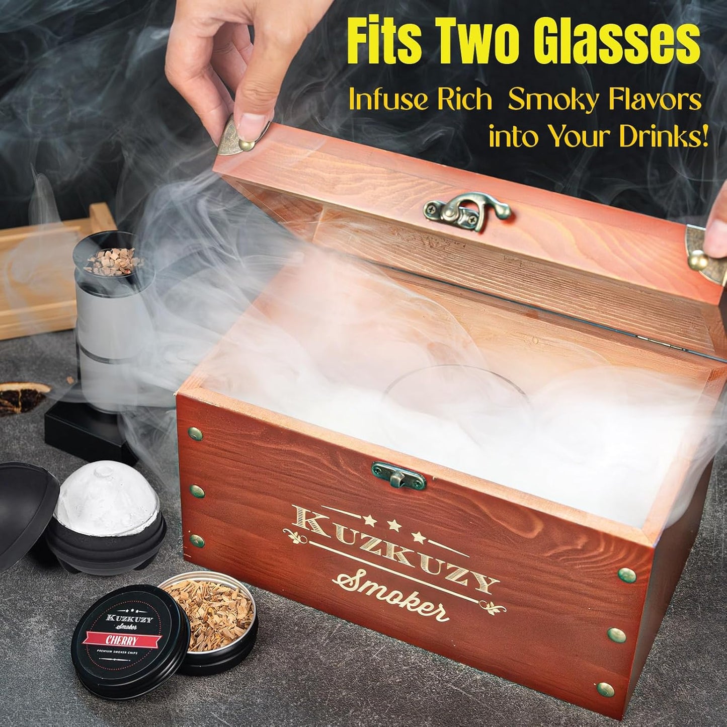 Cocktail Smoker Kit - Whiskey Smoker Kit with Smoking Gun, Smoker Box, 6 Flavors Wood Chips with Whiskey Stones & Ice Mold - Bourbon Old Fashioned Smoker Kit, Gifts for Men, Dad (Torch Not Required)