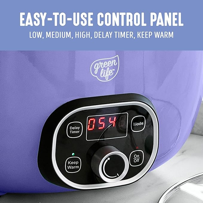 GreenLife 6 Quart Ceramic Slow Cooker, PFAS-Free, Programmable, Removable Healthy Nonstick Pot for Family Meals, Sear on Stovetop, Keep Warm, Digital Timer, Dishwasher Safe Glass Lid, Periwinkle