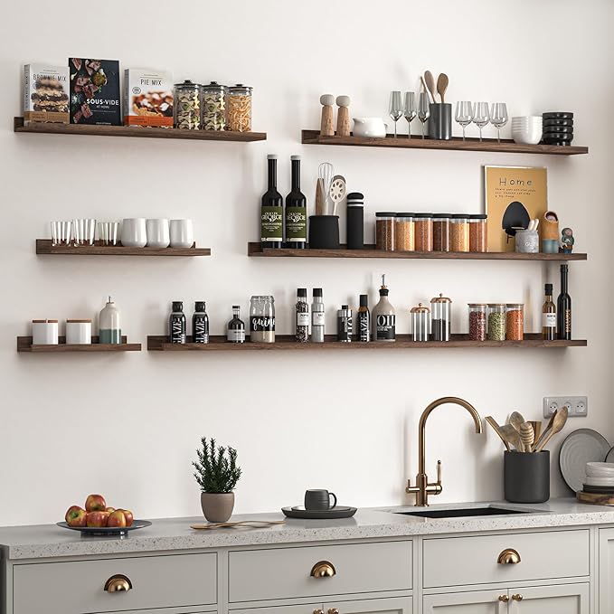 Heimlove Picture Ledge Shelf, Floating Shelves Set of 2, 72 Inches Long Large Picture Shelf for Wall with Ledge, Kids Bookshelf Wall Mounted for Living Room Bedroom Decor Books Photo Frames, Walnut