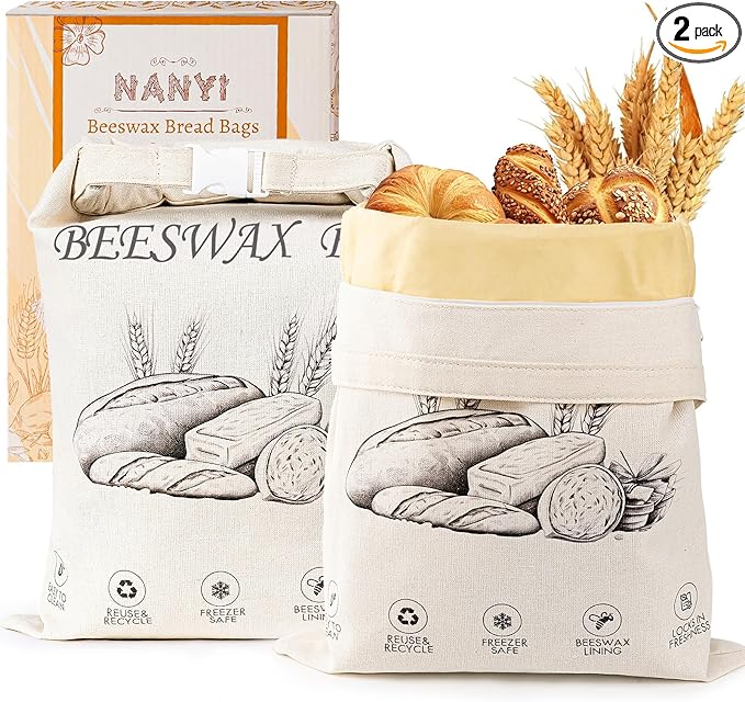 2-Pack Reusable Beeswax Bread Bags for Sourdough & Homemade Bread，Cotton Waxed Bags Keeps Fresh Longer(Ivory Loaf)