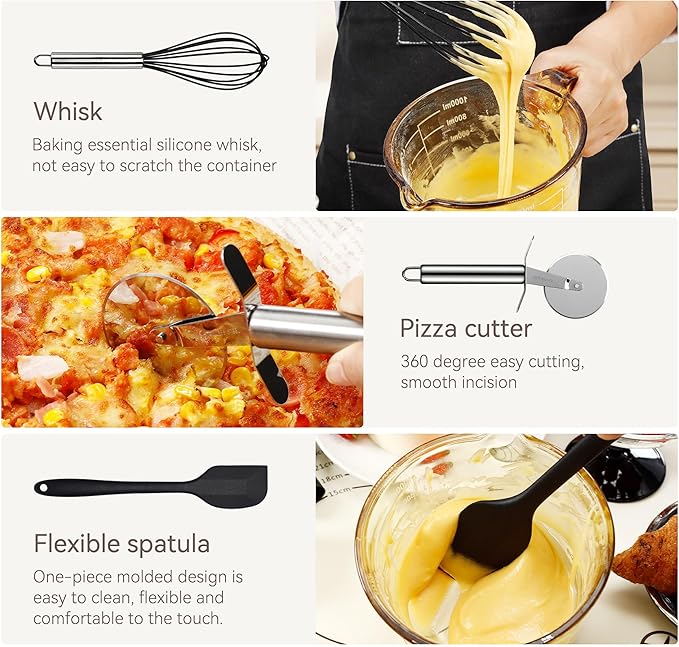 Silicone Cooking Utensils Set, NCUE 35 Pcs Kitchen Utensils Set with Holder, with Stainless Steel Handle Spatula Set, Spoons, Pasta Server, Cheese Grater, Masher, Scissors, Dishwasher Safe (Black)