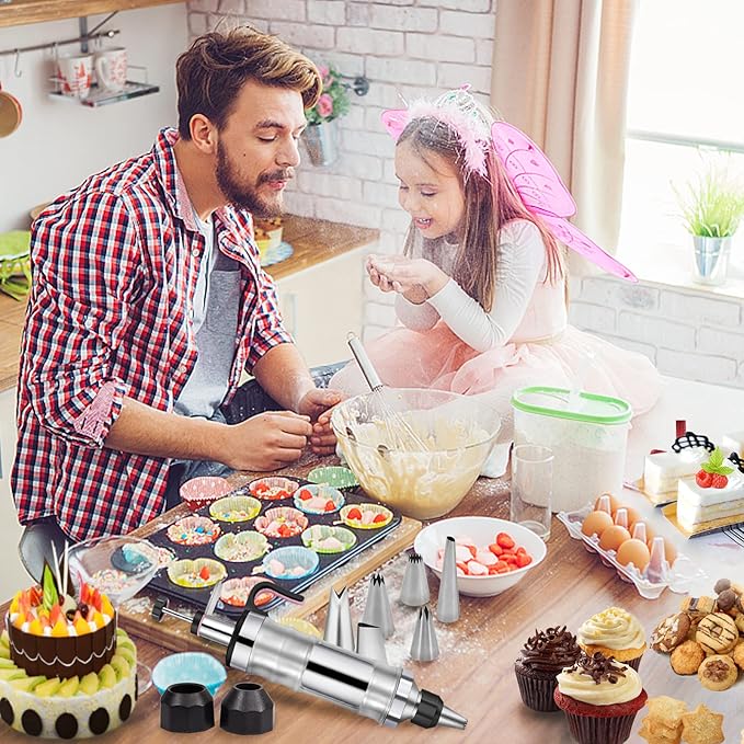 Dessert Decorating Syringe Set Frosting Piping Kit Stainless Steels Cake Decorating Tool 6 Russian Piping Icing Nozzles Cream Scraper Cupcake Frosting Filling Injector Cake Icing Tools