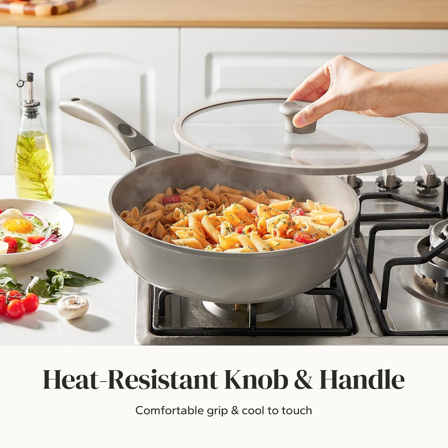 Redchef Deep Ceramic Frying Pan with Lid, Nonstick Saute Pan Cookware All Cooktop Compatibility, Stay-Cool Handles, PFOA Free, Healthy Coating, Tempered Glass Cover, Even Heat, Grey (3.7Qt, 10")