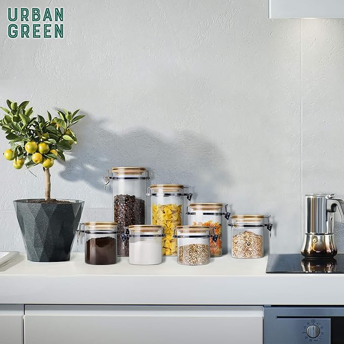 Urban Green Borosilicate Glass Storage Jars with Airtight Locking Clamp Lids, Airtight Canister Set，Coffee Set of 3 with Spoon (50oz, 24oz, 18oz), Storage Containers with Bamboo Lid