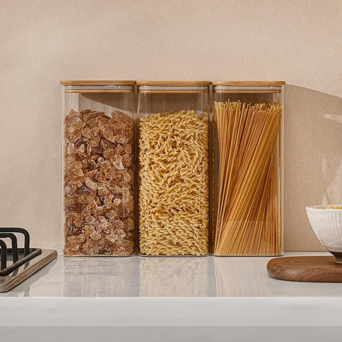 71oz Rectangle Airtight Glass Storage Containers with Bamboo Lids (Set of 3), Square Food Storage Jar, Pantry Organizers for Sugar, Flour, Spaghetti and Coffee beans (‎with Black Lable)