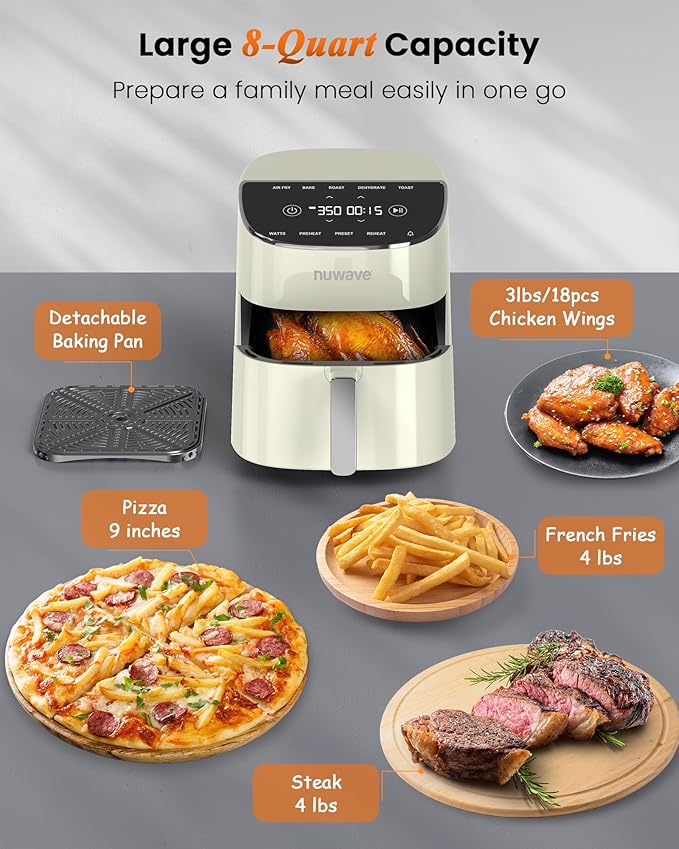 Nuwave Brio Plus Air Fryer 8 Qt, New & Improved, PFAS-FREE, 7 Digital One-Touch Cook Functions that AIR FRY, BAKE, ROAST, DEHYDRATE, TOAST, REHEAT, PREHEAT, 150 Presets, 50°F~400°F (Cream)