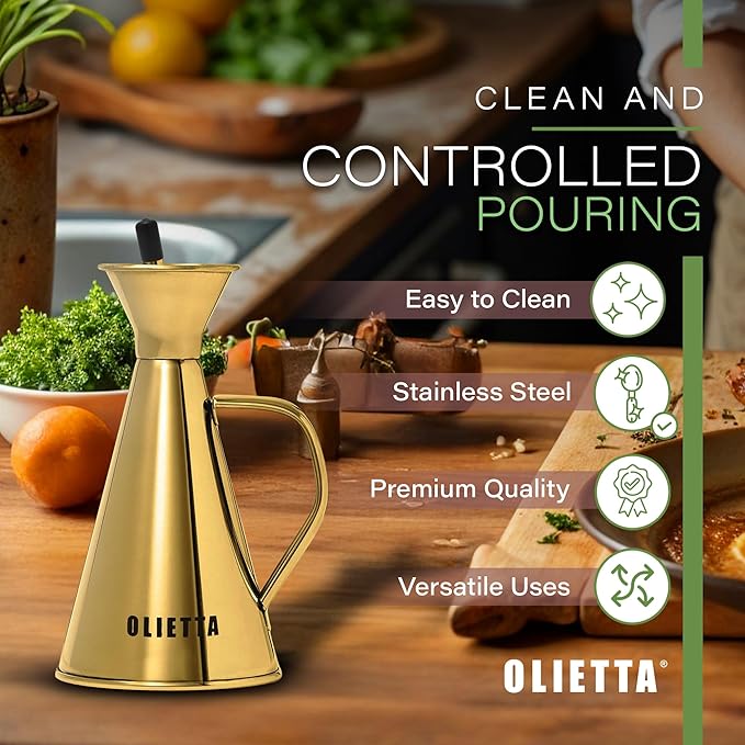 Olive Oil Dispenser Bottle Gold Stainless Steel Non Drip Leak Proof No Mess Vinegar Pourer & Kitchen Drizzler 17 oz 500ML 0.5 Litre Great for Pouring & Drizzling Easy to Clean & Leakproof