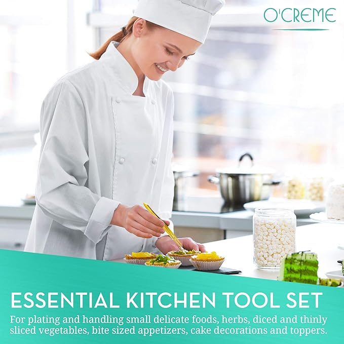 O'Creme Gold Stainless Steel Precision Kitchen Culinary Fine-Tip Tweezer Tongs, 1 Curved and 1 Straight