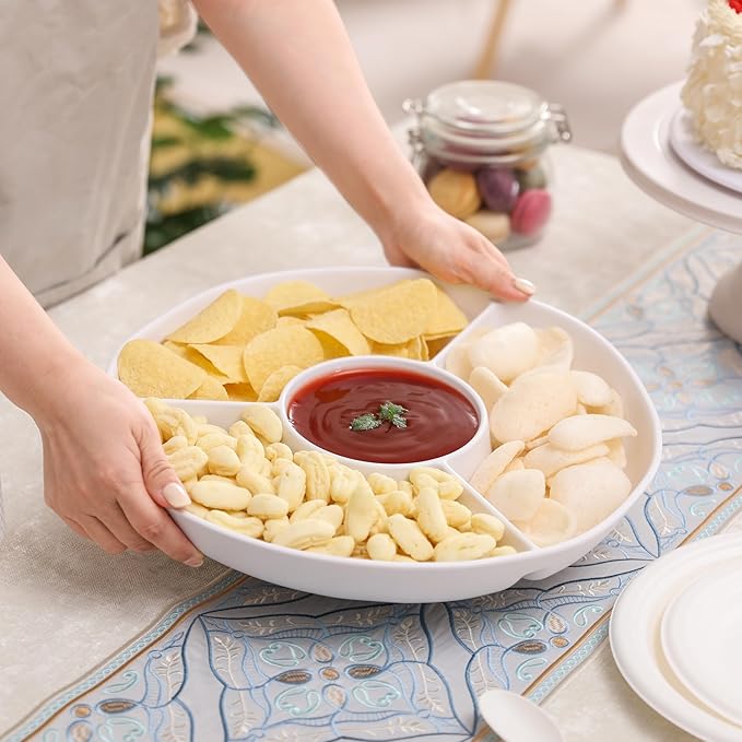 White Chip and Dip Serving Set, Divided Serving Platter Set, 4 Section Appetizers and Cheeses Serving Tray, Compartment Dishes for Party, Christmas, Dessert, Fruit, Candy, 13-inch, Set of 2