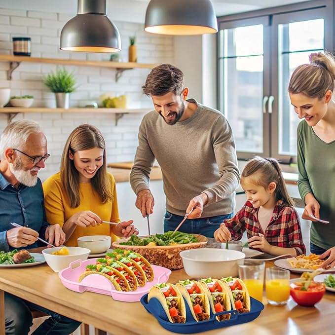 Remerry Silicone Taco Holder Plates Set of 2 Colorful Reusable Taco Holder with 4-Shell Slots for Hard/Soft Serving Plates Dishwasher Microwave Family Dinner Tortillas Party Serving(Blue, Pink)