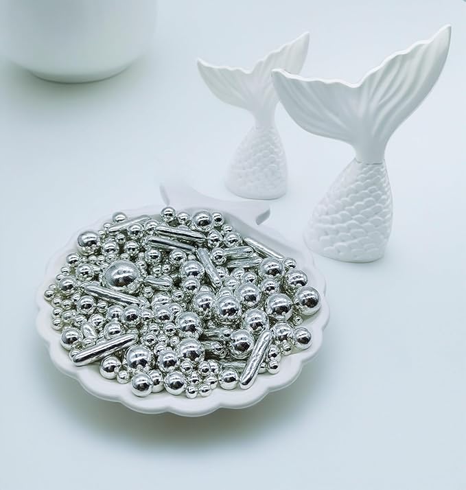 Silver Sprinkles Candy Mix Size Edible Pearls Cake Decorations Cupcake Toppers Cookie Decorating Perfect for Wedding Party Valentine Halloween Christmas Supplies 4.58OZ