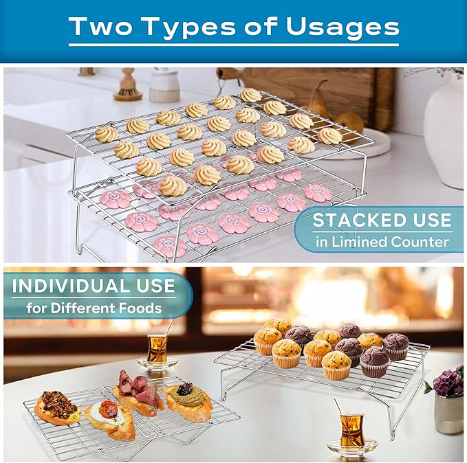 15IN x 10IN Cooling Baking Rack Set of 5, Leonyo 5-Tier Stackable Stainless Steel Wire Baking Cooking Racks Set for Cookie, Pizza, Cup Cake, Raised & Folding Feet