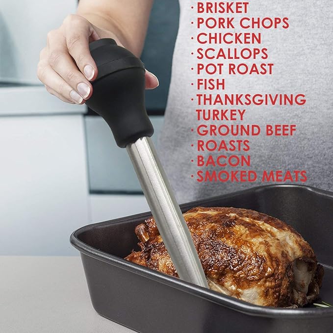 Kaycrown Stainless Steel Turkey Baster with BBQ/Grill Basting Brush, Commerical Grade Quality Silicone Bulb Including Flavor Needle and Cleaning Brush for Easy Clean Up