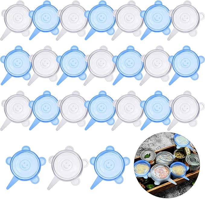 Patelai 24 Pieces Silicone Stretch Can Lids Reusable Expandable Jar Lid Soda Beer Cans Round Elastic Container Food Storage Covers for Mug Cup Small Bowl Fruits Vegetables Storage