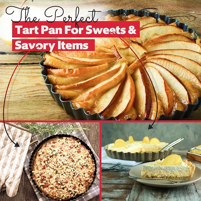 Tart Pan 11 Inch Removable Bottom- Carbon Steel Deep Quiche Pan, Rust, & Temperature Resistant 550-600 °F– Non-Stick, Perfect for Baking Fruit Tarts, Quiches & Dessert
