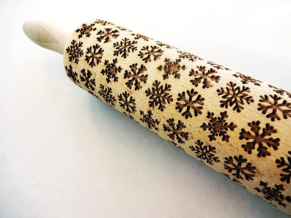 SNOWFLAKES Embossing Rolling Pin Laser Engraved Dough Roller for Christmas Gingerbread