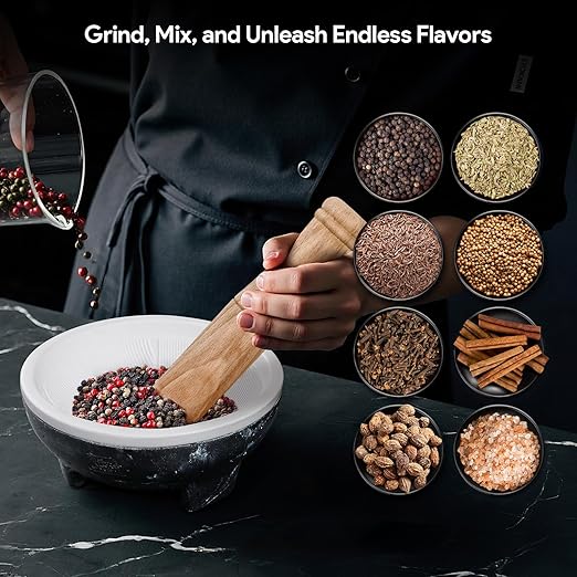 2 Cup Mortar and Pestle Set, World's 1st Lightweight Molcajete Mexicano with Grinding Ridge, High Grinding Efficiency for Guacamole, Spice and Herb, Easy to Clean, Anti-Scratch Protector