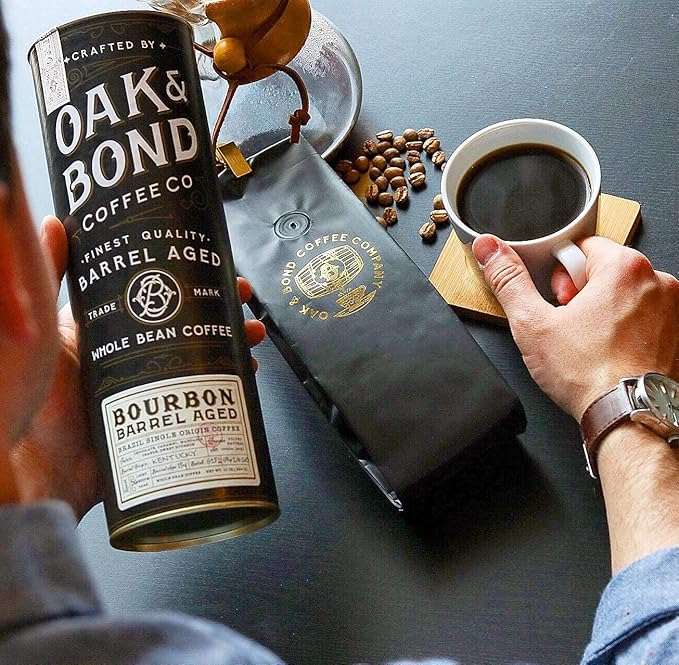 Oak & Bond Coffee Co. Bourbon Barrel Aged Coffee, Brazil Single Origin Whole Bean, Medium Roast - Chocolate, Caramel, Mandarin Orange, Sweet Bourbon Flavors - 10oz