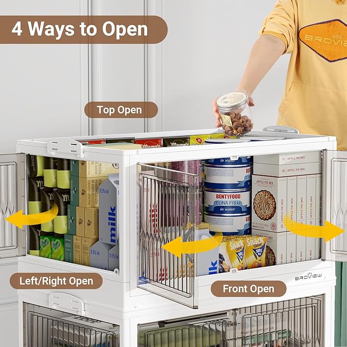 480QT Large Stackable Storage Bins with Lids, Plastic Closet Organizer and Storage Drawer, Collapsible Storage Box with Wheels, Folding Storage Cabinet with Doors for Home Kitchen, 4Pack White