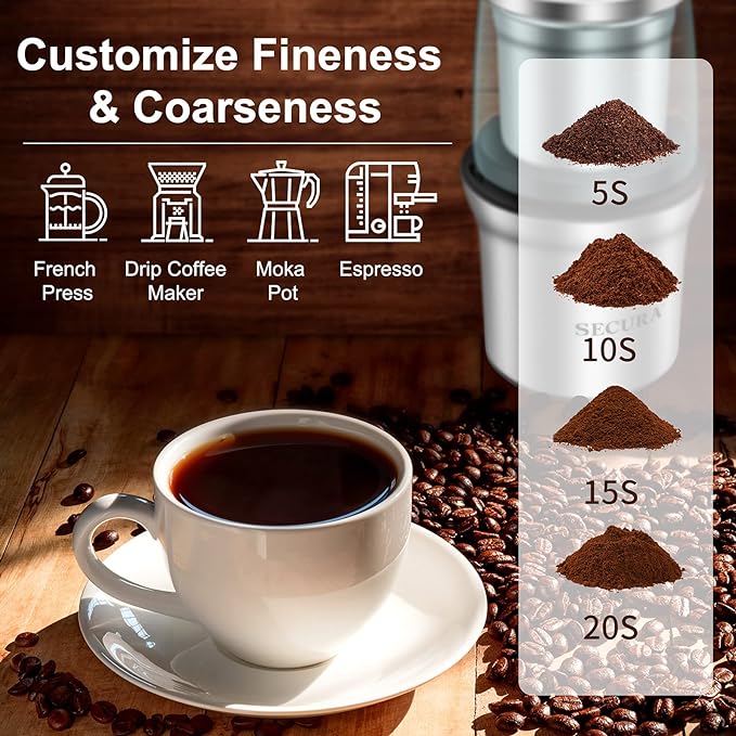 Secura Electric Coffee Grinder and Spice Grinder with 1 Stainless Steel Blades Removable Bowl, Dry Grinding