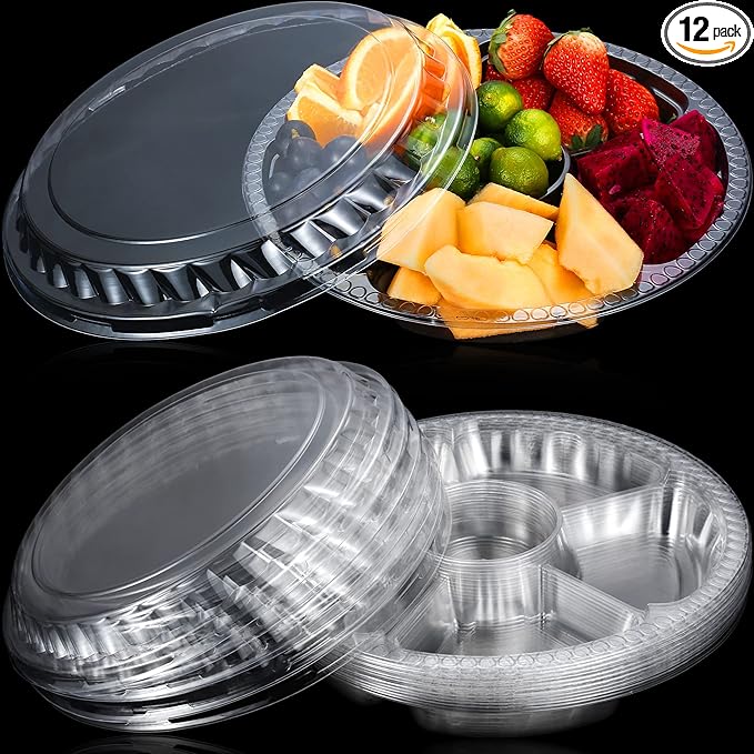 12 Pack Round Plastic Veggie Tray with Lid Fruit Tray 6 Divided Compartment Container Food Serving Dip Platter Reusable Catering Trays for Veggie Fruit Snack Party and Buffet Trays（Clear，12inch）